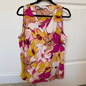 Nine West Floral V-Neck Blouse - Pink, Yellow, Cream